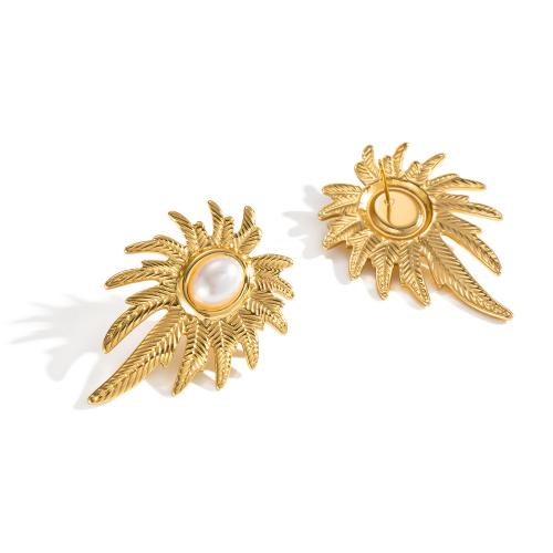 Aço inoxidável 304 brincos, with Concha de resina, Folha, cromado de cor dourada, joias de moda & para mulher, 30x43mm, vendido por par