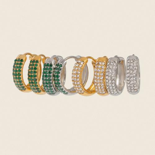 304 Stainless Steel Huggie Hoop Earring Vacuum Ion Plating fashion jewelry & for woman & with rhinestone 12.50mm Sold By Pair