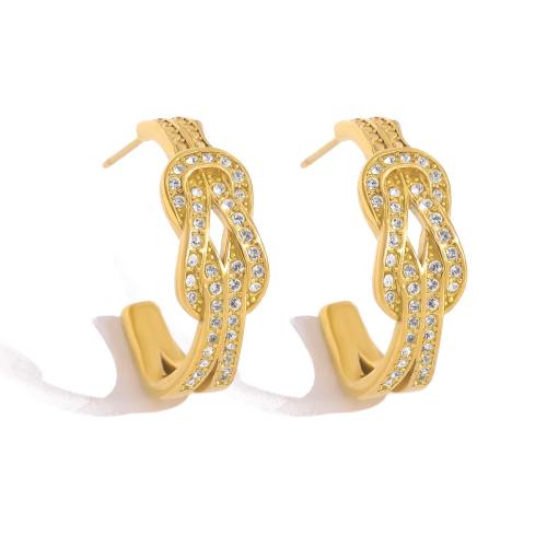 304 Stainless Steel Stud Earring gold color plated & for woman & with rhinestone Sold By Pair