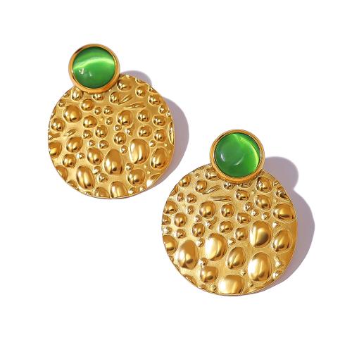 304 Stainless Steel Stud Earring with Cats Eye Flat Round gold color plated fashion jewelry & for woman Sold By Pair