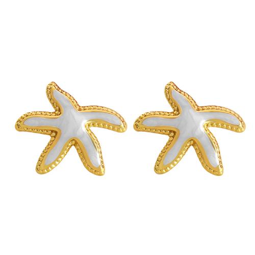 304 Stainless Steel Stud Earring Starfish gold color plated for woman & enamel Sold By Pair