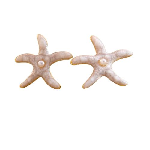 304 Stainless Steel Stud Earring with Plastic Pearl Starfish gold color plated for woman & enamel Sold By Pair