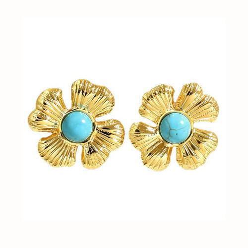 304 Stainless Steel Stud Earring with turquoise & Gemstone gold color plated & for woman Sold By Pair