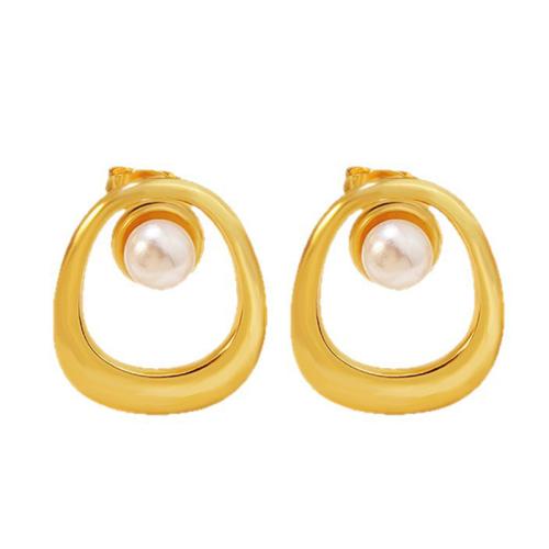 304 Stainless Steel Stud Earring with Gemstone & Plastic Pearl gold color plated & for woman Sold By Pair