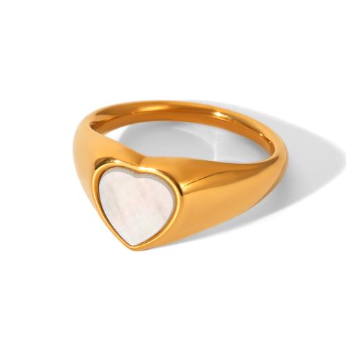 304 Stainless Steel Cuff Finger Ring with White Shell & Plastic Pearl gold color plated & for woman & with rhinestone Sold By PC