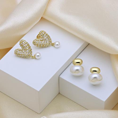 Cubic Zirconia Micro Pave Brass Earring with Plastic Pearl gold color plated & for woman & with cubic zirconia Sold By Pair