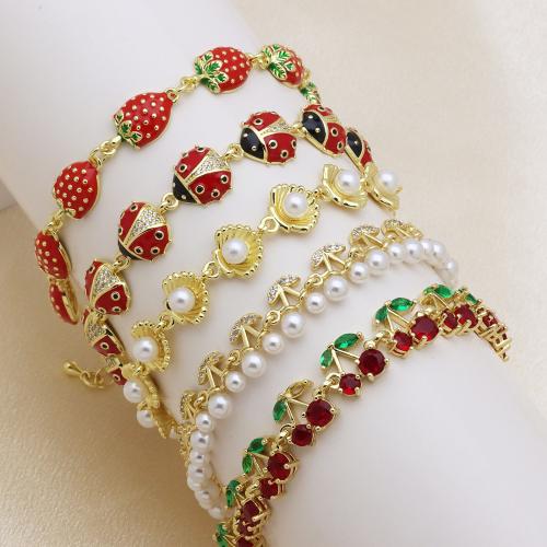 Cubic Zirconia Micro Pave Brass Bracelet with Plastic Pearl with 5cm extender chain gold color plated & micro pave cubic zirconia & for woman & enamel Sold Per Approx 18 cm Strand