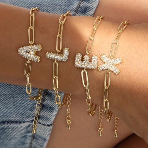 Cubic Zirconia Micro Pave Brass Bracelet gold color plated letters are from A to Z & rectangle chain & micro pave cubic zirconia & for woman Sold Per Approx 17 cm Strand