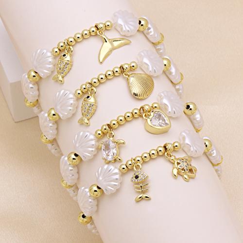 Cubic Zirconia Micro Pave Brass Bracelet with Plastic Pearl gold color plated & micro pave cubic zirconia & for woman Sold Per Approx 18 cm Strand