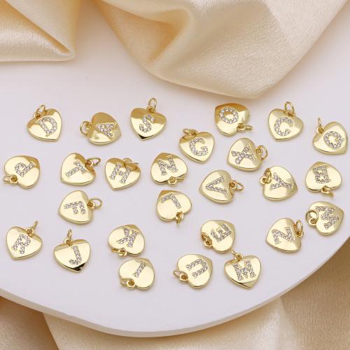 Befestigter Zirkonia Messing Anhänger, Herz, goldfarben plattiert, Buchstaben sind von A bis Z & DIY & verschiedene Stile für Wahl & Micro pave Zirkonia, keine, 12x15mm, verkauft von PC