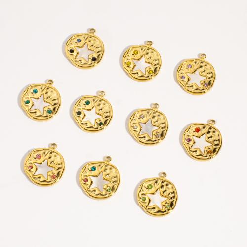Nakit od nehrđajućeg čelika Privjesci, 304 nehrđajućeg čelika, s Bijela Shell, Stan Okrugli, zlatna boja pozlaćen, možete DIY & s Rhinestone, više boja za izbor, 15x17.50mm, 10računala/Torba, Prodano By Torba