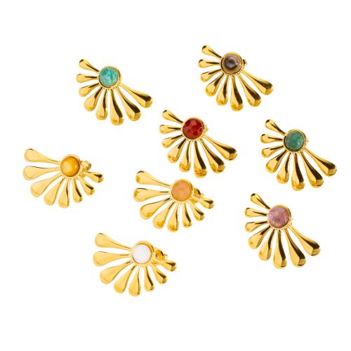 304 Stainless Steel Stud Earring with Gemstone Flower gold color plated & for woman Sold By Bag