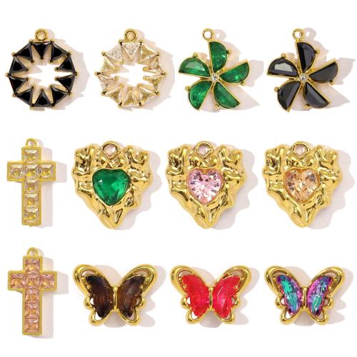 Rustfrit stål smykker Vedhæng, 304 rustfrit stål, med Glas, guldfarve belagt, du kan DIY & forskellige stilarter for valg & Micro Pave cubic zirconia, 3pc'er/Bag, Solgt af Bag