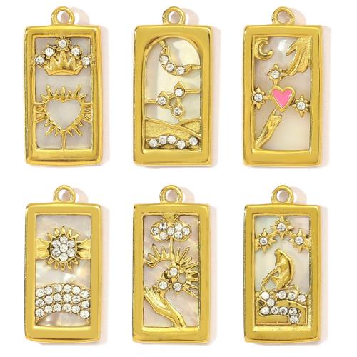 Natural White Shell Pendants 304 Stainless Steel with White Shell Rectangle gold color plated DIY & with rhinestone Sold By Bag