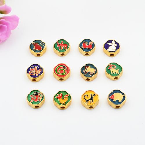 Brass Spacer Beads Chinese Zodiac matte gold color plated DIY & enamel 12mm Sold By PC