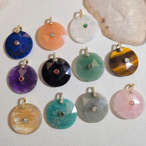Gemstone Hängen Smycken, Ädelsten, med Mässing, Flat Round, guldfärg pläterade, DIY & olika material för val & micro bana cubic zirconia & fasetterad, 25mm, Säljs av PC
