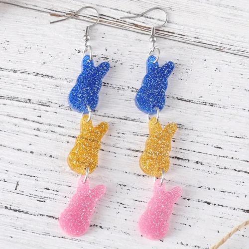 Acrylique Boucle d'oreille goutte, lapin, fait à la main, bijoux de mode & pour femme, multicolore, 15x90mm, Vendu par paire