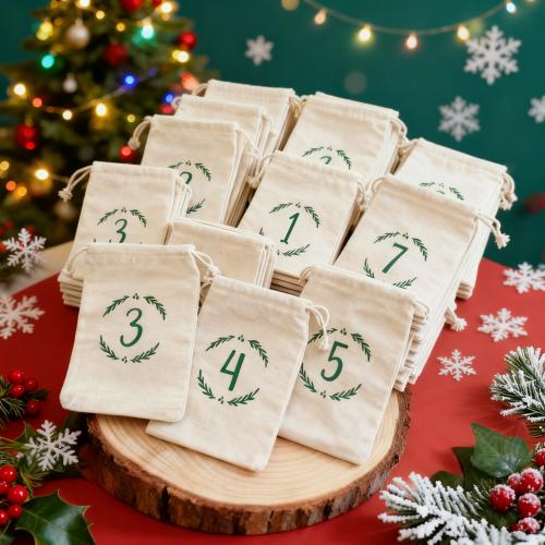 Linen Drawstring Bag Rectangle Christmas Design & with number pattern Sold By Set