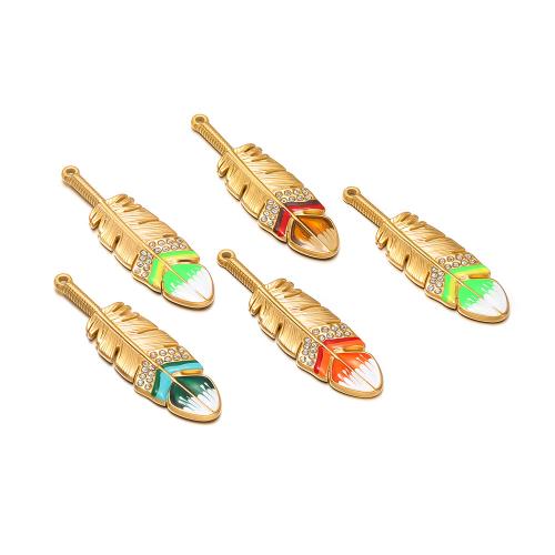 Stainless Steel Pendants 304 Stainless Steel Feather gold color plated DIY & enamel & with rhinestone Sold By Bag