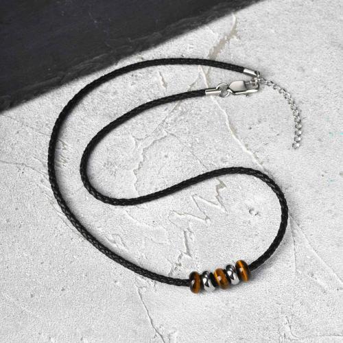 304 Stainless Steel Necklace with PU Leather & Tiger Eye with 1.97inch extender chain fashion jewelry & Unisex Length Approx 19.69 Inch Sold By PC