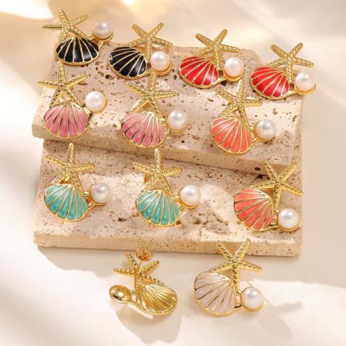 304 Stainless Steel Stud Earring with Plastic Pearl Starfish gold color plated for woman & enamel Sold By Pair