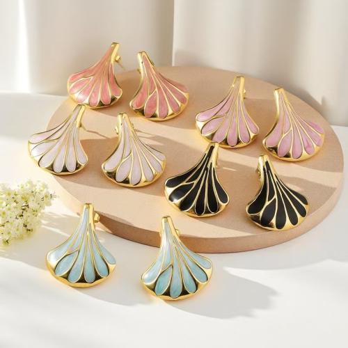 Acier inoxydable 304 boucle d oreille dormeuse, éventail, Placage de couleur d'or, pour femme & émail, plus de couleurs à choisir, 22x26mm, Vendu par paire