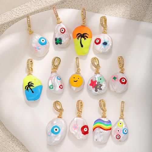 Freshwater Pearl Brass Pendant with Brass plated DIY & micro pave cubic zirconia & enamel Sold By PC