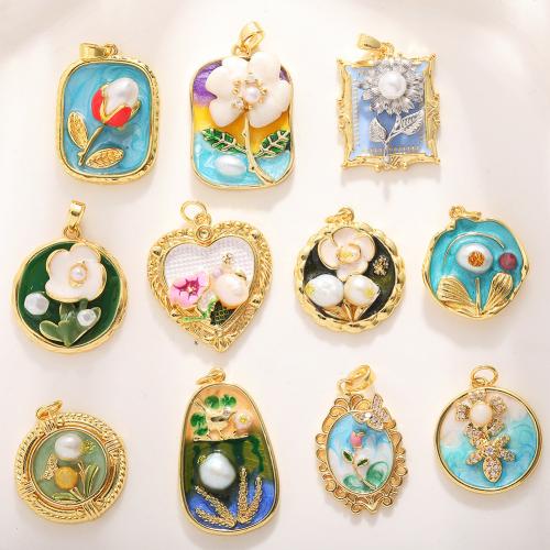 Brass Jewelry Pendants with Plastic Pearl real gold plated DIY & with flower pattern & enamel & with rhinestone Sold By PC