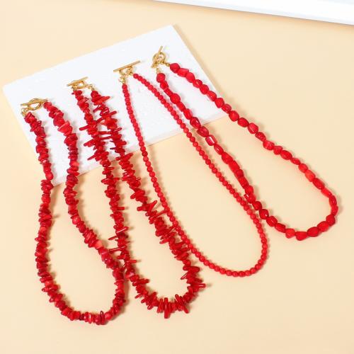 Synthetische Koralle Halskette, mit 304 Edelstahl, handgemacht, verschiedene Stile für Wahl & für Frau, rot, beads size 4-8mm, Länge ca. 40 cm, verkauft von PC