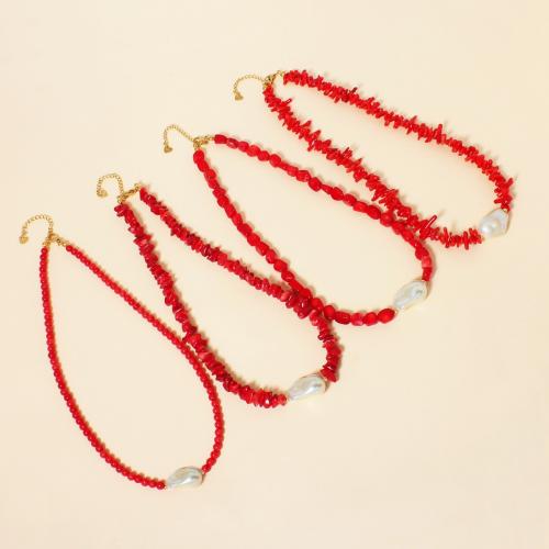 Synthetische Koralle Halskette, mit Kunststoff Perlen & 304 Edelstahl, handgemacht, verschiedene Stile für Wahl & für Frau, beads size 4-8mm, Länge ca. 40 cm, verkauft von PC