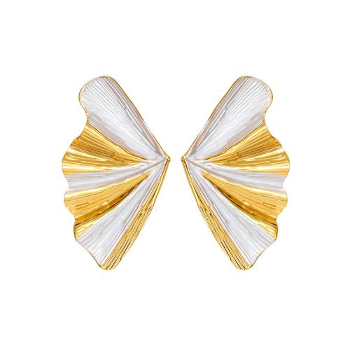 Stainless Steel Stud Earrings gold color plated for woman & enamel white Sold By Pair
