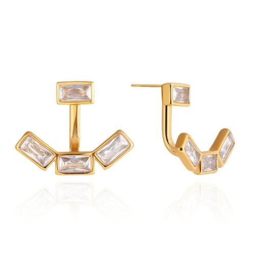 Stainless Steel Stud Earrings gold color plated for woman & with cubic zirconia Sold By Pair