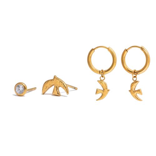 Rozsdamentes acél Csepp fülbevaló, Stainless Steel, arany színű aranyozott, a nő & cirkónia, 3párok/Set, Által értékesített Set