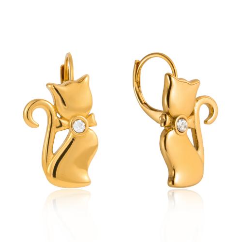 Rostfritt stål spaken bakåt Earring, ROSTFRITT STÅL, Katt, guldfärg pläterade, för kvinna & med cubic zirconia, 12.80x24.10mm, Säljs av Par