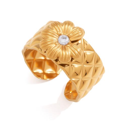 Rhinestone Stainless Steel Finger Ring Daisy gold color plated for woman & with rhinestone 12.30mm US Ring Sold By PC