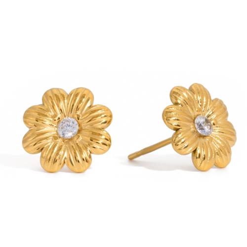 Rostfritt stål Stud Örhängen, ROSTFRITT STÅL, Daisy, guldfärg pläterade, för kvinna & med cubic zirconia, 11.20mm, Säljs av Par