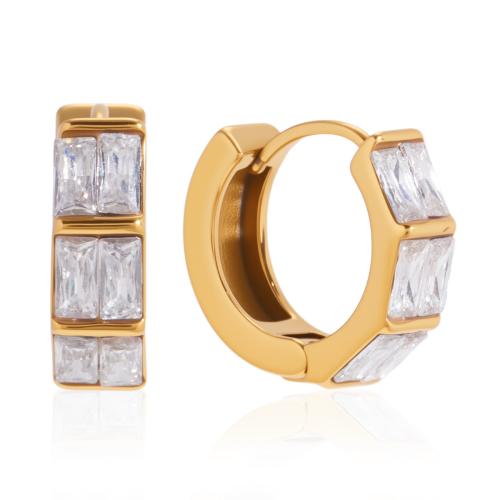 Stainless Steel Huggie Hoop Earring gold color plated for woman & with rhinestone Sold By Pair
