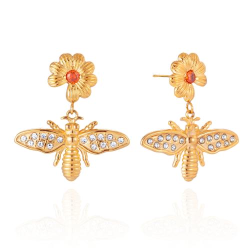 Stainless Steel Drop Earring gold color plated micro pave cubic zirconia & for woman Sold By Pair