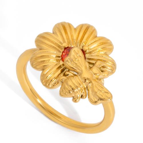 Cubic Zirconia Stainless Steel Finger Ring gold color plated for woman & with cubic zirconia 15.60mm US Ring Sold By PC