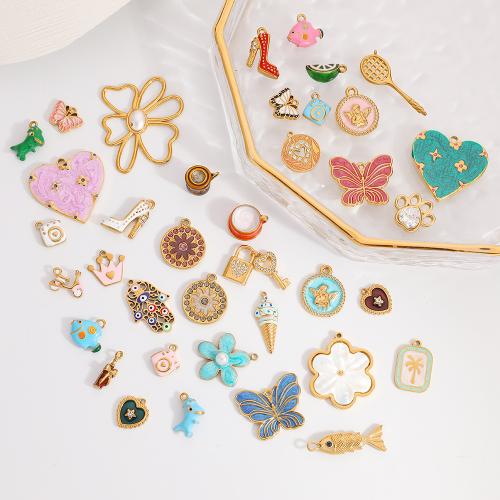 Stainless Steel Pendants gold color plated DIY & micro pave cubic zirconia & enamel Sold By PC