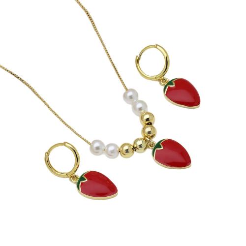 Micro zirconi Pave ottone Jewelry Set, orecchino & Collana, with perla in plastica, placcato color oro, stili diversi per la scelta & per la donna & smalto & con zirconi cubici, nessuno, Lunghezza Appross. 50 cm, Venduto da set
