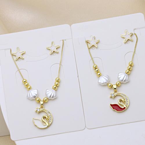 Cubic Zirconia Micro Pave Brass Jewelry Sets with Plastic Pearl gold color plated & micro pave cubic zirconia & for woman & enamel Length Approx 50 cm Sold By Set
