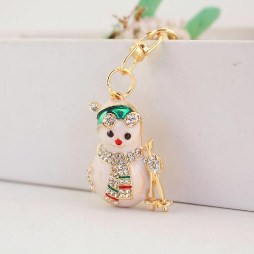 Μπρελόκ, Κράμα ψευδάργυρου, Χιονάνθρωπος, χρώμα επίχρυσο, σμάλτο & με στρας, λευκό, 31x14x103mm, Sold Με PC