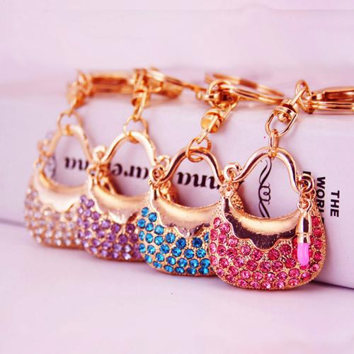 Bag Purse Charms Keyrings Keychains Zinc Alloy Handbag gold color plated enamel & with rhinestone nickel lead & cadmium free Sold By PC