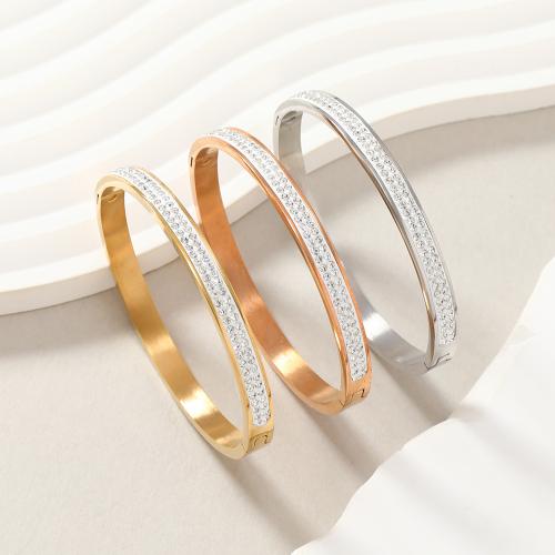 304 rustfrit stål Bangle, forgyldt, mode smykker & for kvinde & med rhinestone, flere farver til valg, Indvendig diameter:Ca. 60mm, Solgt af PC