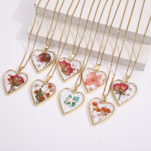 Zinc Alloy Necklace with 304 Stainless Steel Chain & Dried Flower Heart gold color plated cross chain & for woman & epoxy gel Length Approx 49 cm Sold By PC
