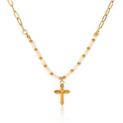 304 Stainless Steel Necklace with Freshwater Pearl Cross gold color plated & for woman & with rhinestone Sold By PC