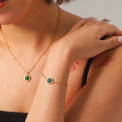 304 Stainless Steel Jewelry Set with Malachite Round gold color plated oval chain & for woman Sold By PC