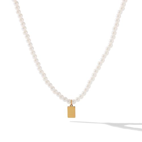 304 Stainless Steel Necklace with Plastic Pearl with 6cm extender chain Rectangle gold color plated fashion jewelry & for woman Length Approx 37 cm Sold By PC