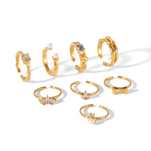 304 Stainless Steel Cuff Finger Ring with Plastic Pearl gold color plated & micro pave cubic zirconia & for woman Sold By PC